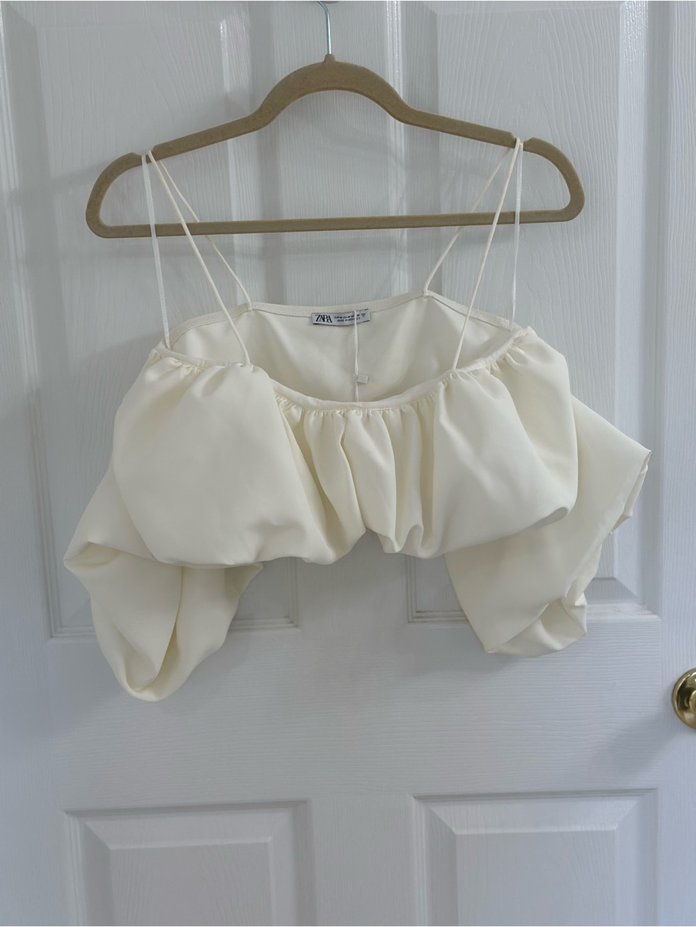 Zara Cream Off-Shoulder Ruffled Crop Top with Spaghetti Straps